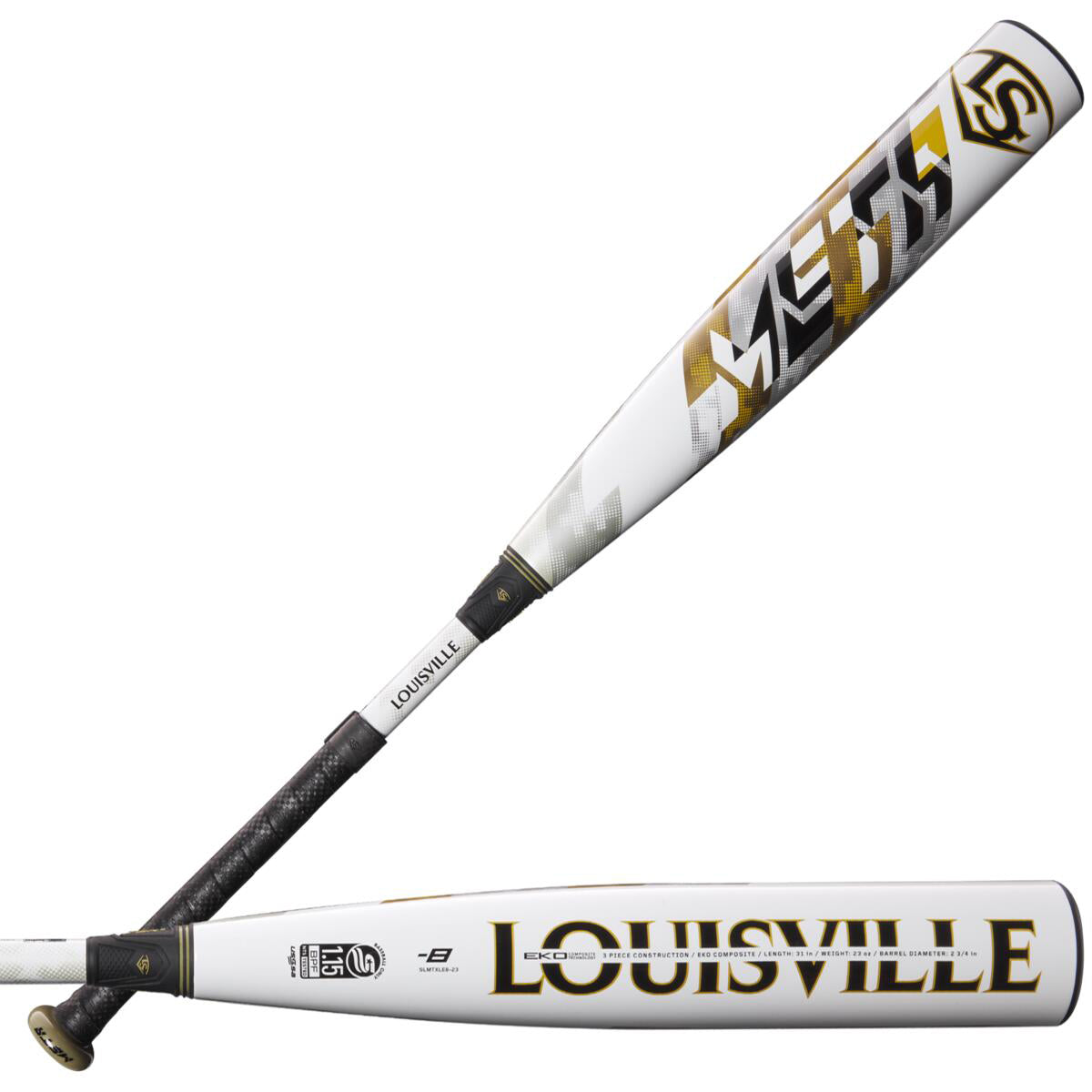 Two white 2024 Louisville Slugger Meta LTD (-8) USSSA Baseball Bats—one upright, one horizontal—feature black and gold geometric designs, META and LOUISVILLE branding, black textured grips, and an EKO Composite Barrel for top performance.