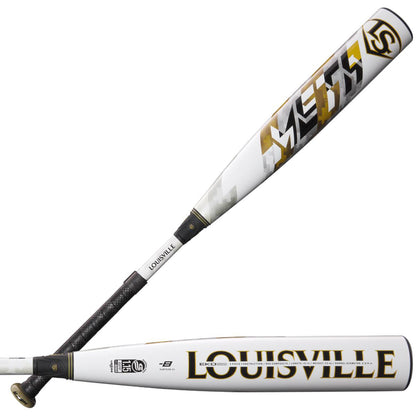 Two white 2024 Louisville Slugger Meta LTD (-8) USSSA Baseball Bats—one upright, one horizontal—feature black and gold geometric designs, META and LOUISVILLE branding, black textured grips, and an EKO Composite Barrel for top performance.