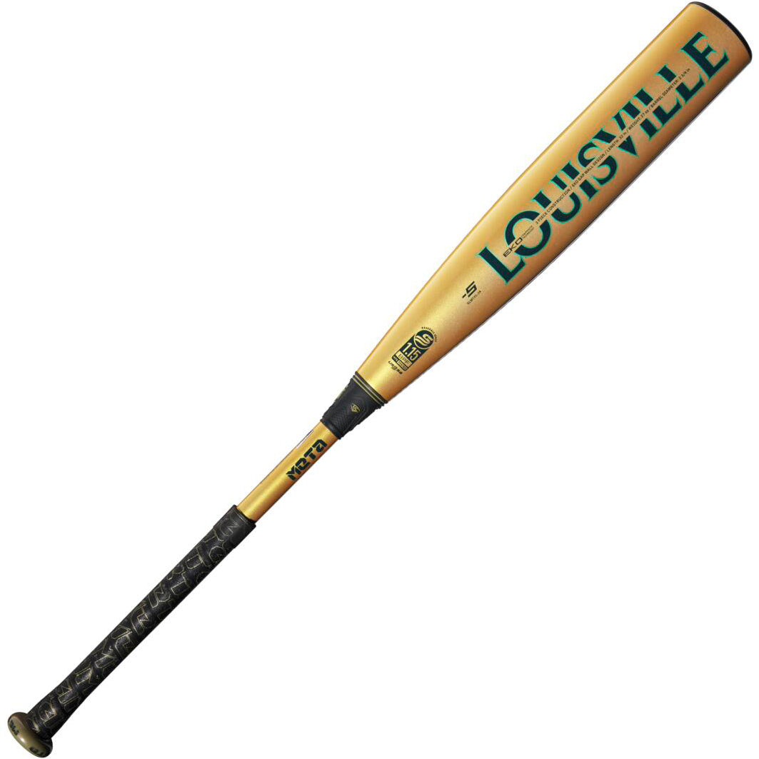 The 2024 Louisville Slugger Meta (-5) 2 3/4" USSSA Baseball Bat (WBL2846010) features a gold barrel, black handle grip, bold blue LOUISVILLE lettering, and an advanced EKO Composite Barrel against a white background.