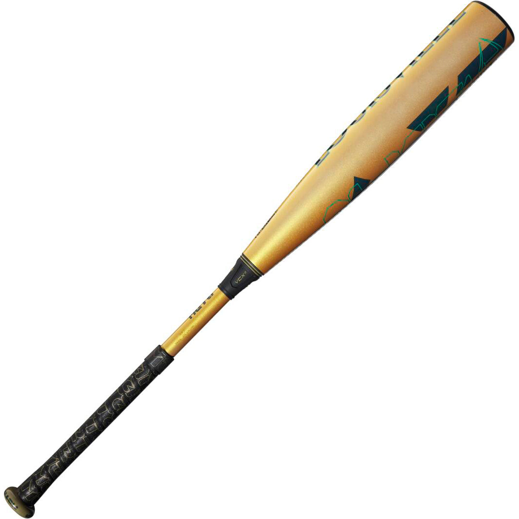 The 2024 Louisville Slugger Meta (-5) 2 3/4" USSSA Baseball Bat (WBL2846010) features a gold and black design, patterned black grip, and EKO Composite Barrel, shown against a white background.
