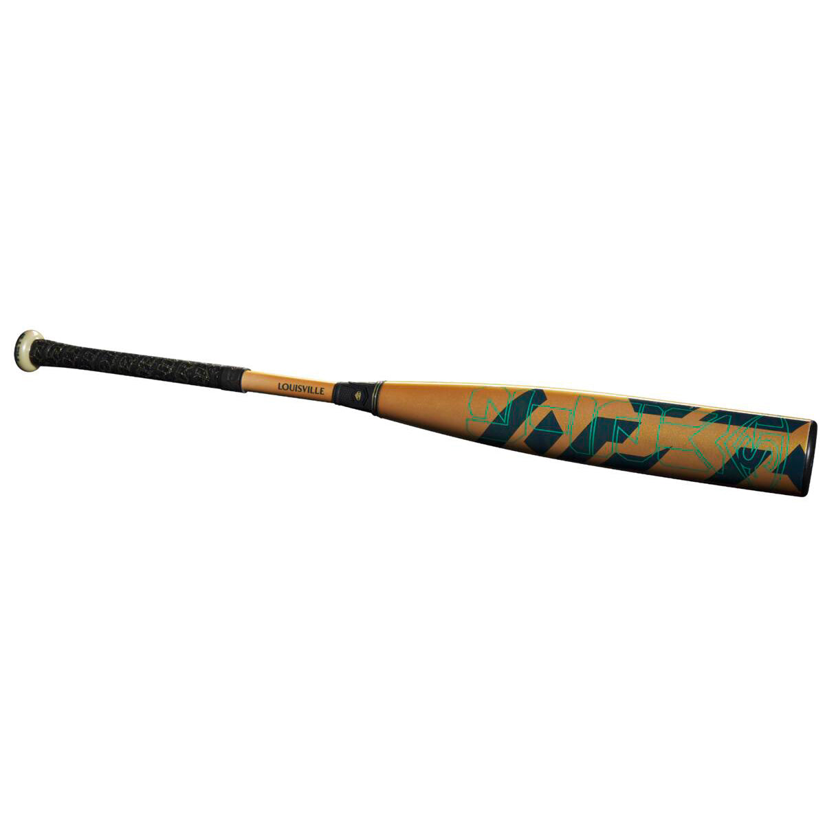 The 2024 Louisville Slugger Meta (-5) USSSA Baseball Bat (WBL2846010) features a gold and black design with blue and green accents on its EKO Composite Barrel and a black grip, shown on a white background.