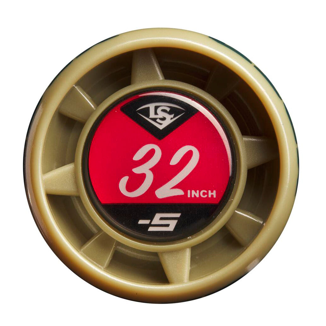 A close-up of a beige Louisville Slugger 2024 Meta (-5) 2 3/4" USSSA Baseball Bat knob with a red sticker displaying "32 INCH" and "-5" in white, plus a black Louisville Slugger logo above the numbers.