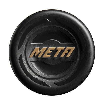 A black circular disc featuring a metallic gold META logo at the center, inspired by the 2024 Louisville Slugger Meta (-5) USSSA Baseball Bat’s sleek black design and EKO Composite Barrel, shown on a white background.
