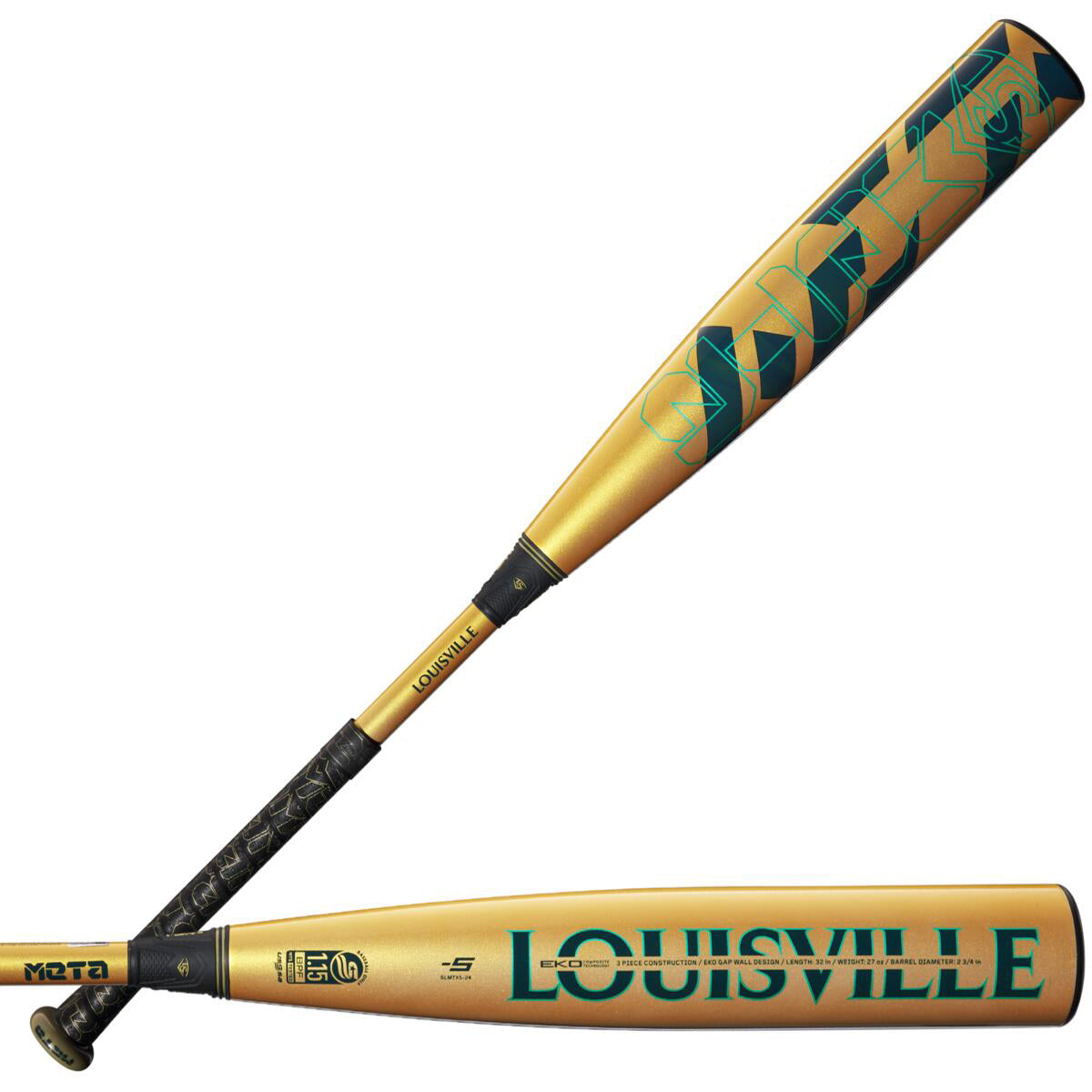 Two gold and black 2024 Louisville Slugger Meta (-5) 2 3/4" USSSA Baseball Bats (WBL2846010) are shown, one displaying “LOUISVILLE” and the other featuring bold geometric designs and advanced gapped wall barrel technology.