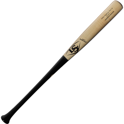 The Louisville Slugger Pro Prime Signature Series RA13 Ronald Acuna Jr. Game Model Wood Baseball Bat (WBL2934010) features a light-colored maple barrel paired with a black handle and displays the iconic Louisville Slugger logo and text on the barrel. Inspired by Ronald Acuna Jr.’s professional model, this bat offers premium performance and signature style from Louisville Slugger.