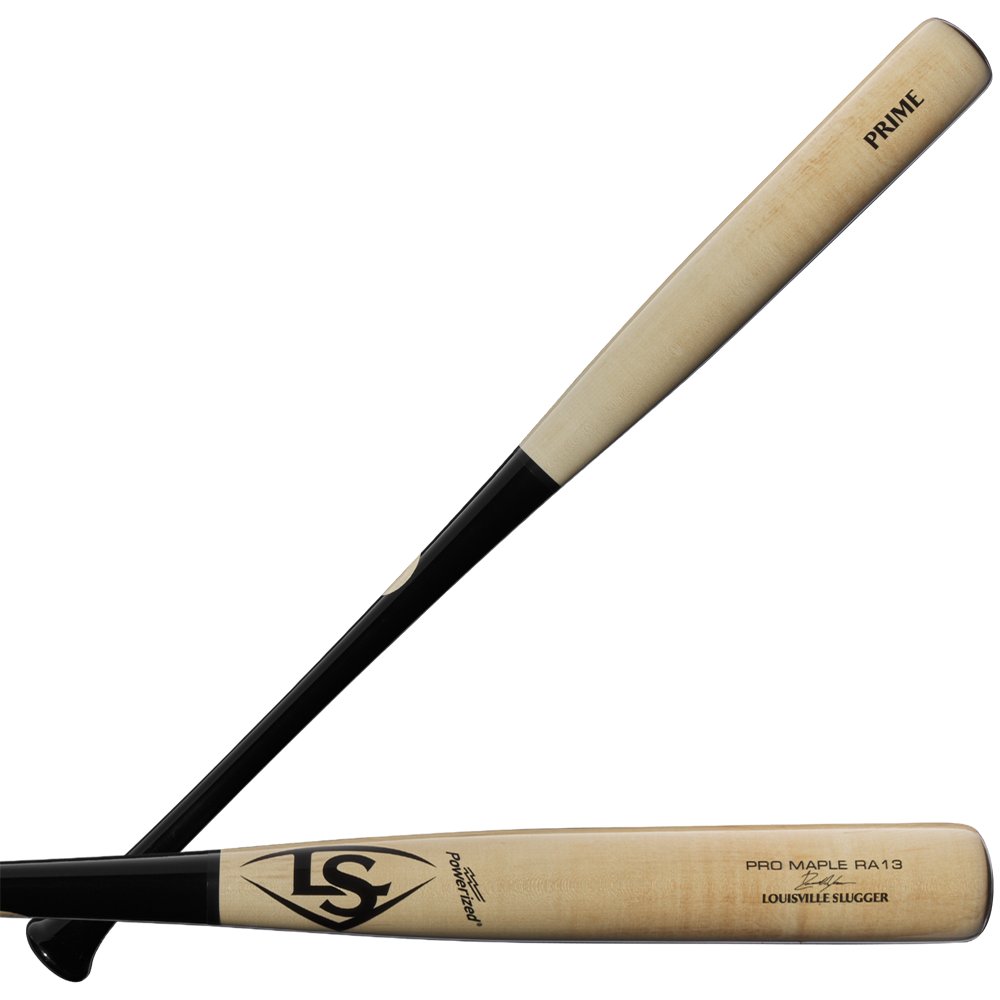 Two wooden baseball bats with natural wood barrels and black handles are shown. One features the Louisville Slugger brand and logo, while the other displays “Prime” near the barrel tip, resembling the Louisville Slugger Pro Prime Signature Series RA13 Ronald Acuna Jr. Game Model Wood Baseball Bat (WBL2934010).