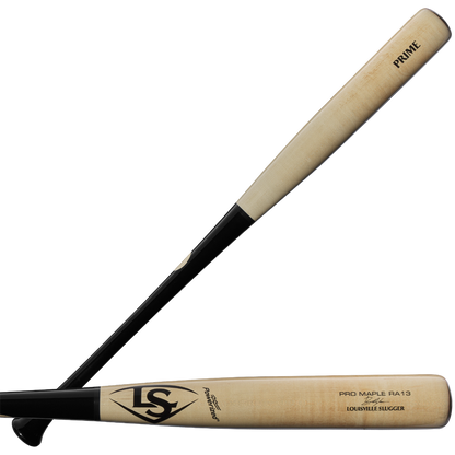 Two wooden baseball bats with natural wood barrels and black handles are shown. One features the Louisville Slugger brand and logo, while the other displays “Prime” near the barrel tip, resembling the Louisville Slugger Pro Prime Signature Series RA13 Ronald Acuna Jr. Game Model Wood Baseball Bat (WBL2934010).