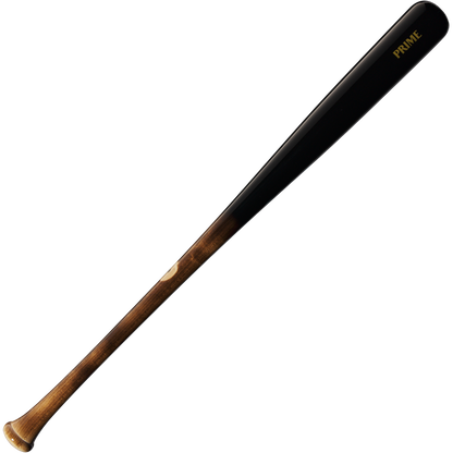 The Louisville Slugger Pro Prime Maple C271 Wood Baseball Bat (WBL2940010) features a natural brown handle, glossy black barrel with gold "PRIME," and offers a balanced swing weight for serious hitters.