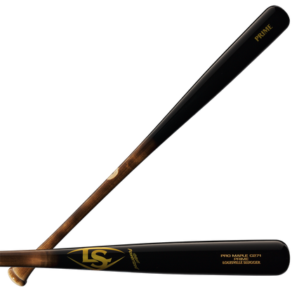 Two wooden baseball bats with dark brown and black finishes are crossed. One is the Louisville Slugger Pro Prime Maple C271 Wood Baseball Bat (WBL2940010), featuring gold lettering and logos by the barrel for a balanced swing weight.
