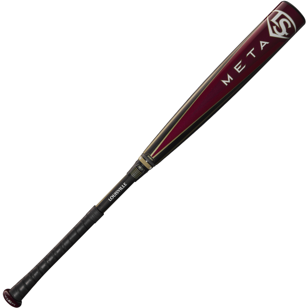 A USED 2025 Louisville Slugger Meta (-3) BBCOR Baseball Bat (WBL2966010) in maroon and black, featuring the META logo near the barrel, an EKO Composite Barrel, and a black grip, is displayed on a light background.