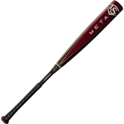 A USED 2025 Louisville Slugger Meta (-3) BBCOR Baseball Bat (WBL2966010) in maroon and black, featuring the META logo near the barrel, an EKO Composite Barrel, and a black grip, is displayed on a light background.