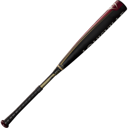 The 2025 Louisville Slugger Meta (-3) BBCOR Baseball Bat (WBL2966010) is a black and gold two-piece composite bat with a red end cap and grip, branded near the barrel, shown on a plain, light background.