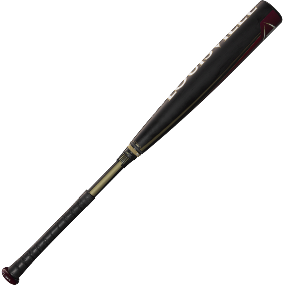 The 2025 Louisville Slugger Meta (-3) BBCOR Baseball Bat (WBL2966010) features a black and gold design with a dark grip and red accents, displayed against a plain white background.