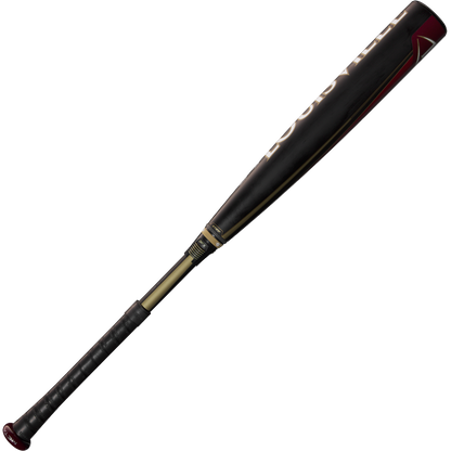 The 2025 Louisville Slugger Meta (-3) BBCOR Baseball Bat (WBL2966010) features a black and gold design with a dark grip and red accents, displayed against a plain white background.