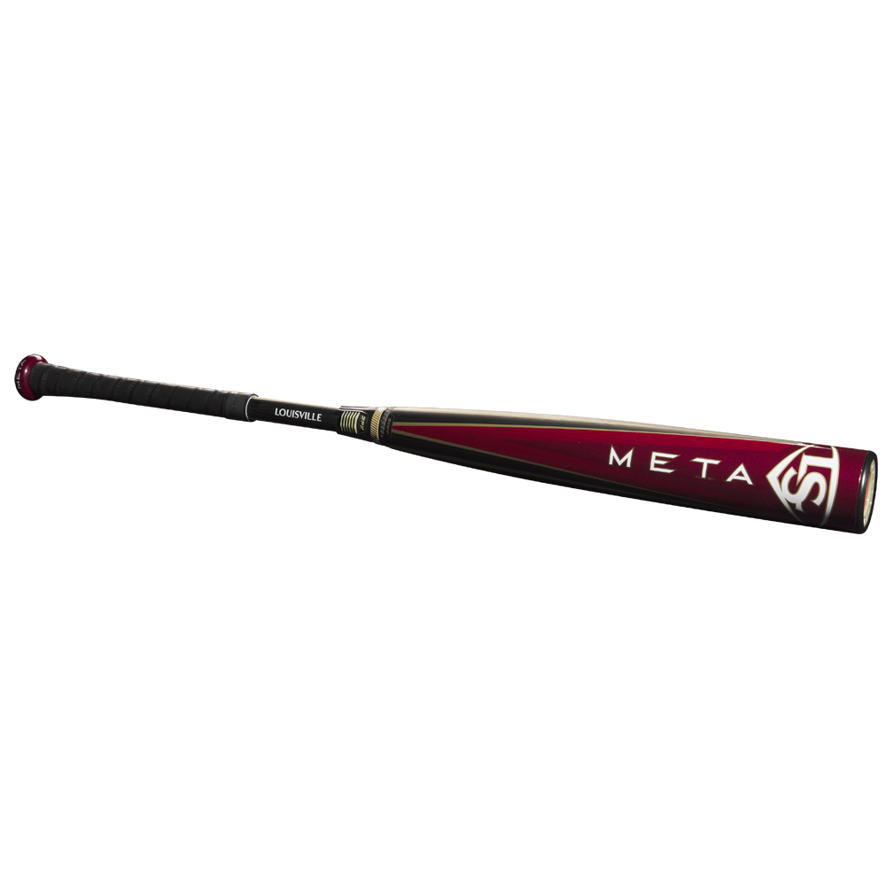 A 2025 Louisville Slugger Meta (-3) BBCOR Baseball Bat (USED), featuring a maroon and black design with EKO Composite Barrel, black grip, white logo, and gold accents, is displayed on a plain white background.