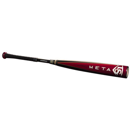 A 2025 Louisville Slugger Meta (-3) BBCOR Baseball Bat (USED), featuring a maroon and black design with EKO Composite Barrel, black grip, white logo, and gold accents, is displayed on a plain white background.