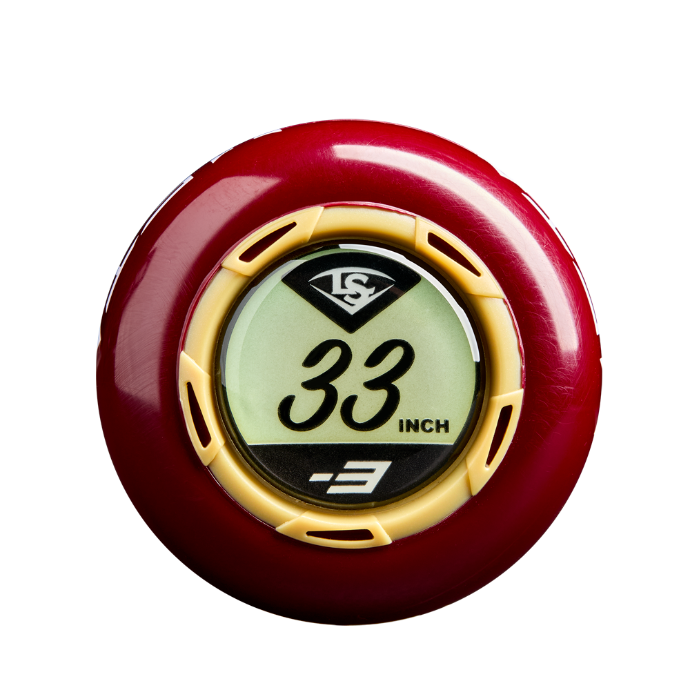A red and yellow circular knob sensor with “33 INCH” and “-3” on its screen and a black and white Louisville Slugger logo—ideal for tracking your 2025 Louisville Slugger Meta (-3) BBCOR Baseball Bat: WBL2966010 (USED).