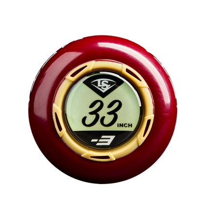 A red and yellow circular knob sensor with “33 INCH” and “-3” on its screen and a black and white Louisville Slugger logo—ideal for tracking your 2025 Louisville Slugger Meta (-3) BBCOR Baseball Bat: WBL2966010 (USED).