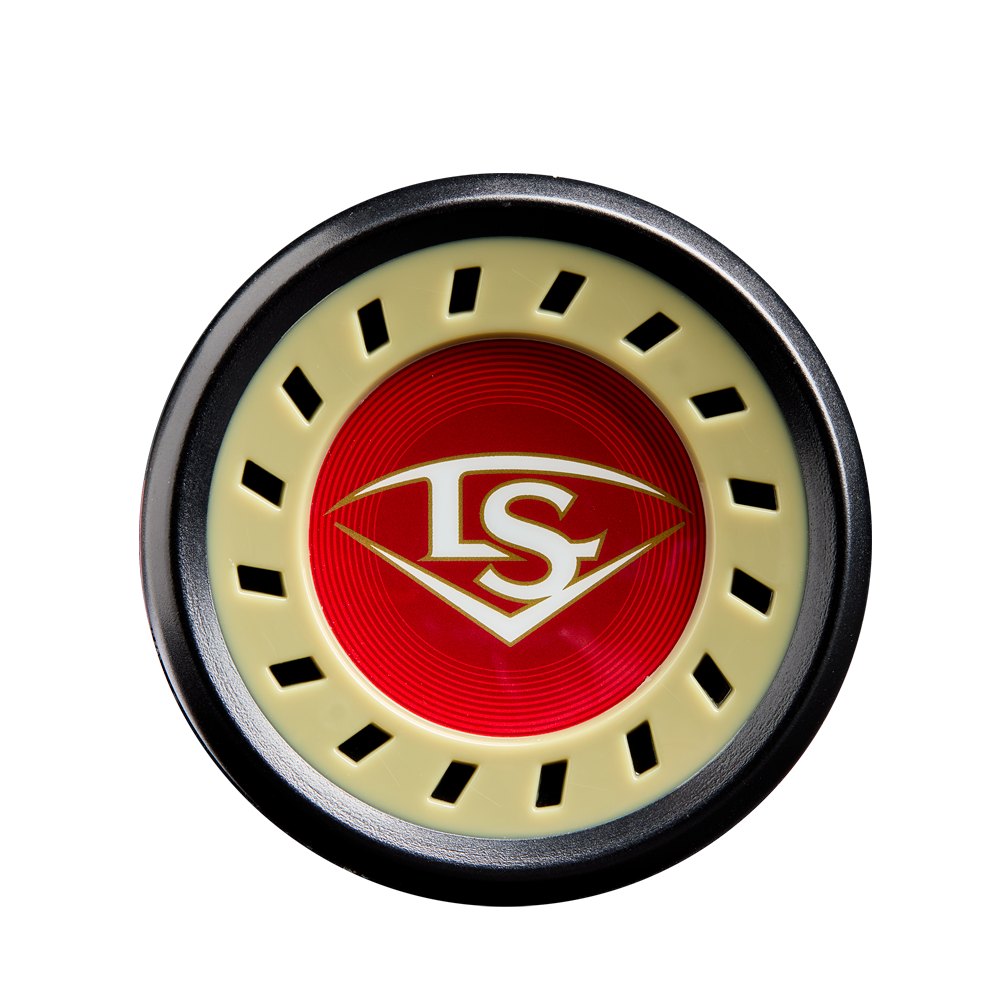 A close-up of the Louisville Slugger logo on the 2025 Meta (-3) BBCOR Baseball Bat: WBL2966010 (USED), showcasing its EKO Composite Barrel design.