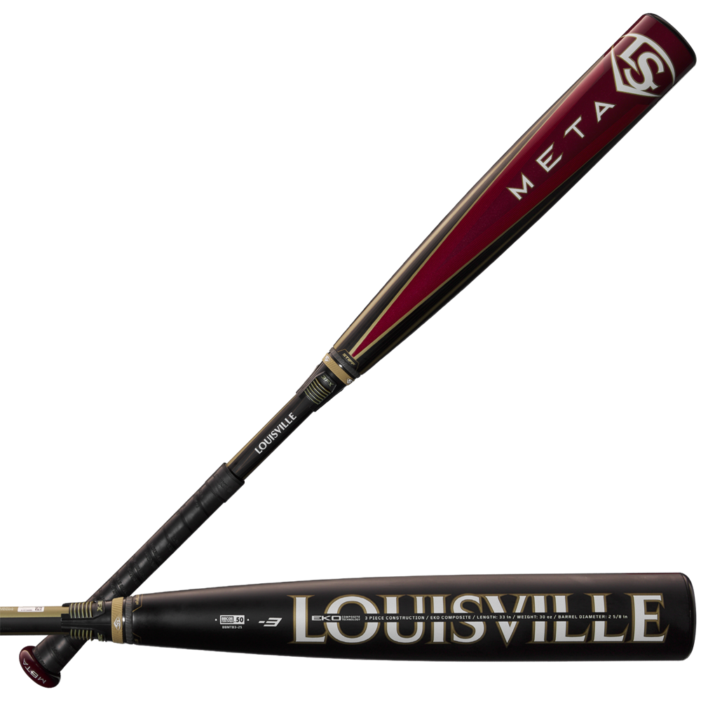 The 2025 Louisville Slugger Meta (-3) BBCOR Baseball Bat: WBL2966010 (USED) features a black handle, EKO Composite Barrel, and two-piece composite design for top performance.