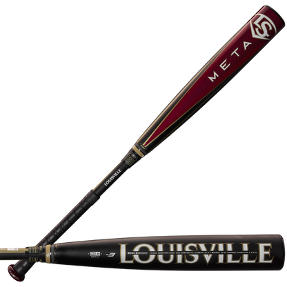 The 2025 Louisville Slugger Meta (-3) BBCOR Baseball Bat: WBL2966010 (USED) features a black handle, EKO Composite Barrel, and two-piece composite design for top performance.