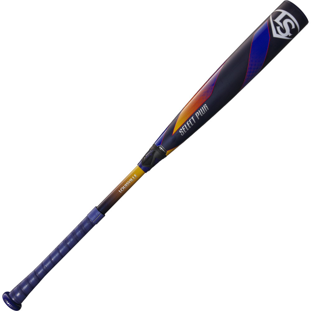 The 2025 Louisville Slugger Select PWR (-3) BBCOR Baseball Bat boasts a blue grip, orange and purple accents, the LS logo, and an EXD Premium Alloy Barrel with "SAFETY PWR" and "LONGEVITY" printed on it.