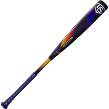 The 2025 Louisville Slugger Select PWR (-3) BBCOR Baseball Bat boasts a blue grip, orange and purple accents, the LS logo, and an EXD Premium Alloy Barrel with "SAFETY PWR" and "LONGEVITY" printed on it.