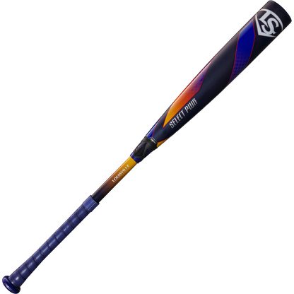 The 2025 Louisville Slugger Select PWR (-3) BBCOR Baseball Bat boasts a blue grip, orange and purple accents, the LS logo, and an EXD Premium Alloy Barrel with "SAFETY PWR" and "LONGEVITY" printed on it.