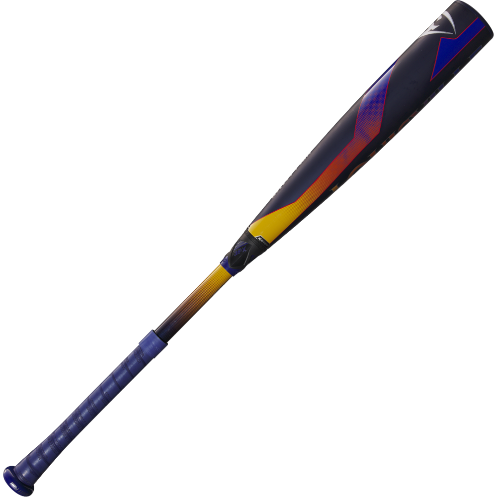 The 2025 Louisville Slugger Select PWR (-3) BBCOR Baseball Bat (WBL2967010) features a blue handle, an orange and yellow gradient midsection, and a dark EXD Premium Alloy Barrel accented by colorful geometric designs on white.