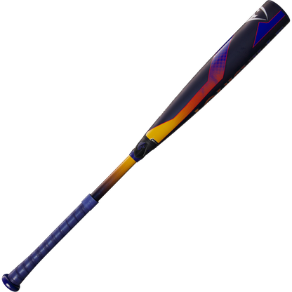 The 2025 Louisville Slugger Select PWR (-3) BBCOR Baseball Bat (WBL2967010) features a blue handle, an orange and yellow gradient midsection, and a dark EXD Premium Alloy Barrel accented by colorful geometric designs on white.
