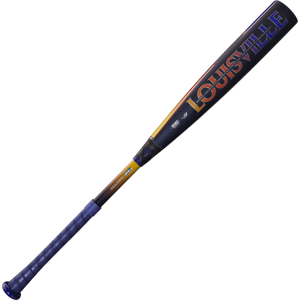 The 2025 Louisville Slugger Select PWR (-3) BBCOR Baseball Bat (WBL2967010 DEMO) features a blue grip, yellow-to-black gradient handle, EXD Premium Alloy Barrel, and bold LOUISVILLE lettering on the barrel.