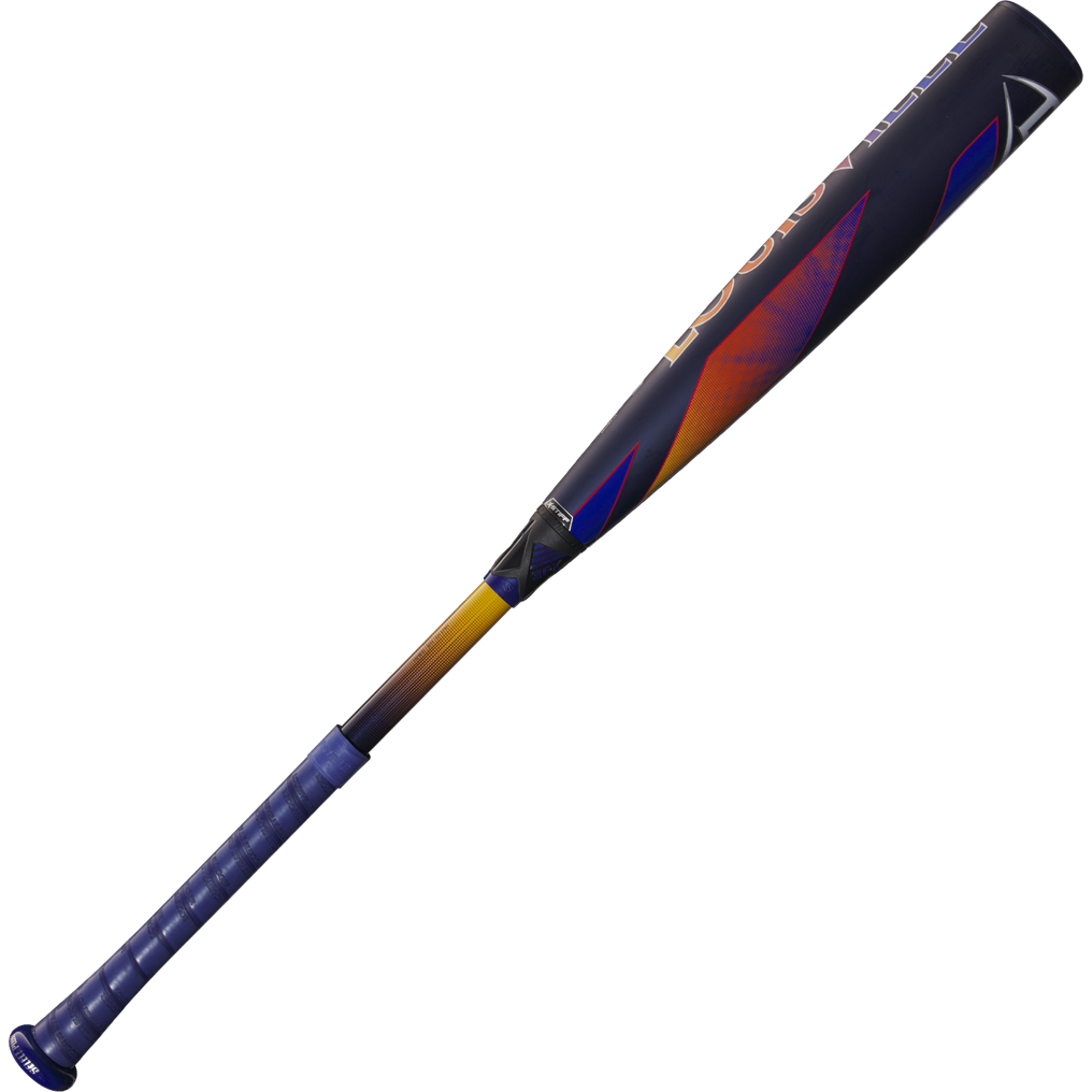 The 2025 Louisville Slugger Select PWR (-3) BBCOR Baseball Bat (WBL2967010) features a blue grip, brown handle, and dark EXD Premium Alloy Barrel with orange and blue accents, shown diagonally against a plain white background.