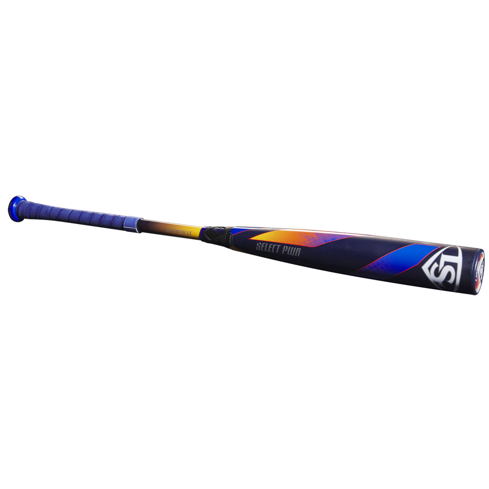 The 2025 Louisville Slugger Select PWR (-3) BBCOR Baseball Bat (WBL2967010 DEMO) features a blue grip, orange and purple accents, the Select PWR label near its EXD Premium Alloy Barrel, and a light gray background.