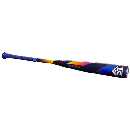 The 2025 Louisville Slugger Select PWR (-3) BBCOR Baseball Bat (WBL2967010 DEMO) features a blue grip, orange and purple accents, the Select PWR label near its EXD Premium Alloy Barrel, and a light gray background.