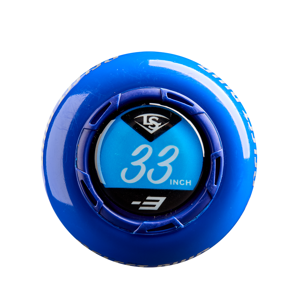 Close-up of the blue end cap on the 2025 Louisville Slugger Select PWR (-3) BBCOR Baseball Bat (WBL2967010 DEMO), featuring the Louisville Slugger logo, “33 INCH,” and “-3” in white on a blue background.