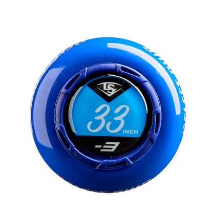 Close-up of the blue end cap on the 2025 Louisville Slugger Select PWR (-3) BBCOR Baseball Bat (WBL2967010 DEMO), featuring the Louisville Slugger logo, “33 INCH,” and “-3” in white on a blue background.