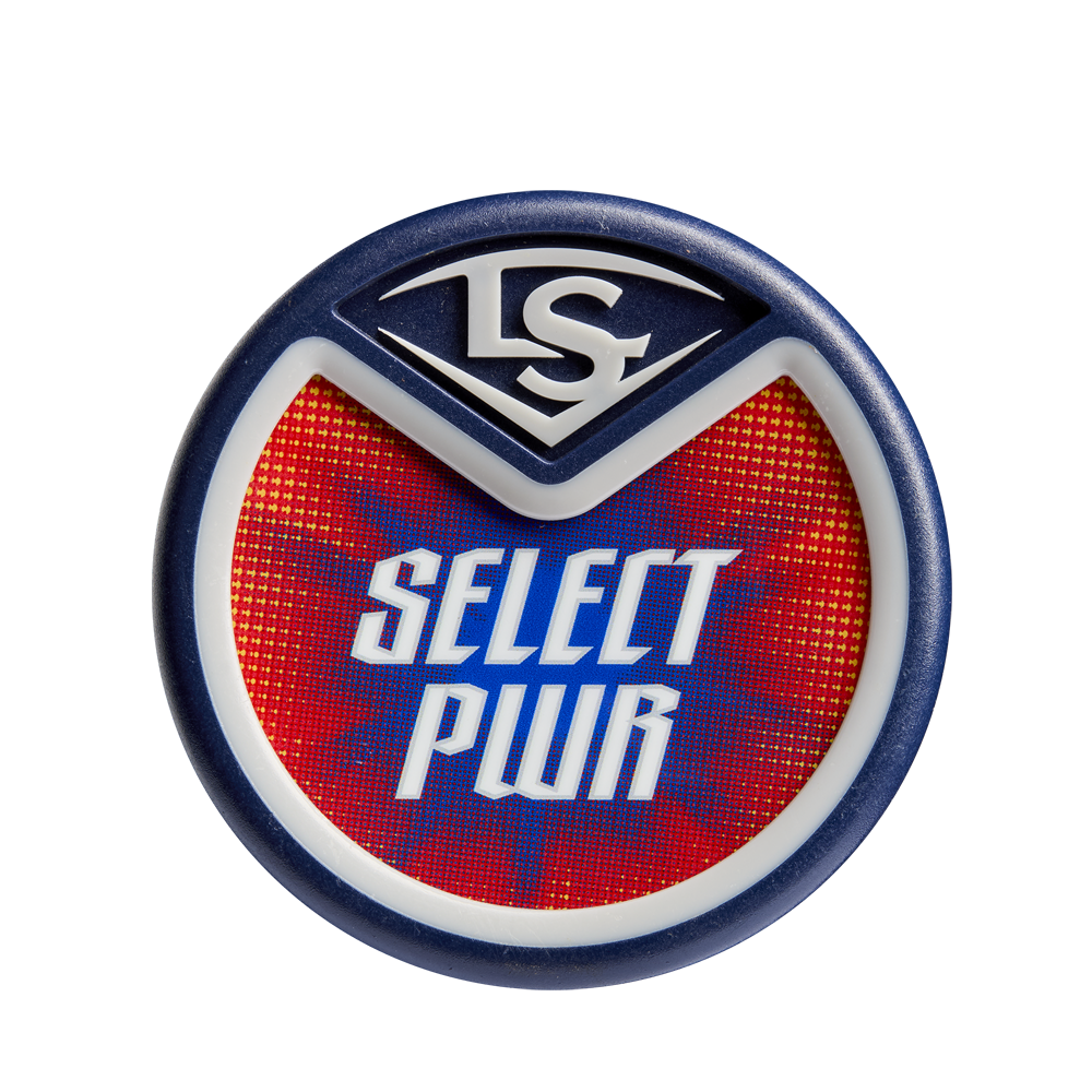 Round badge with blue and white border, red patterned center, bold SELECT PWR text, and stylized LS logo celebrates the 2025 Louisville Slugger Select PWR (-3) BBCOR Baseball Bat: WBL2967010 (DEMO) featuring an EXD Premium Alloy Barrel.