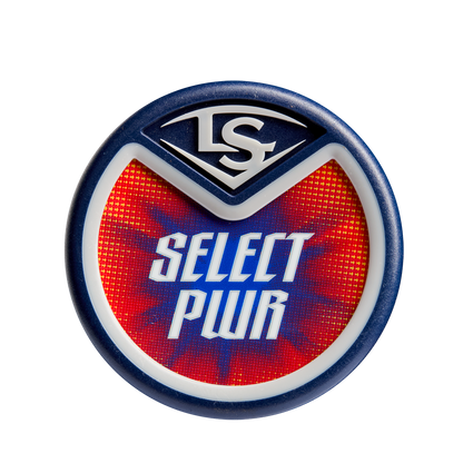 Round badge with blue and white border, red patterned center, bold SELECT PWR text, and stylized LS logo celebrates the 2025 Louisville Slugger Select PWR (-3) BBCOR Baseball Bat: WBL2967010 (DEMO) featuring an EXD Premium Alloy Barrel.