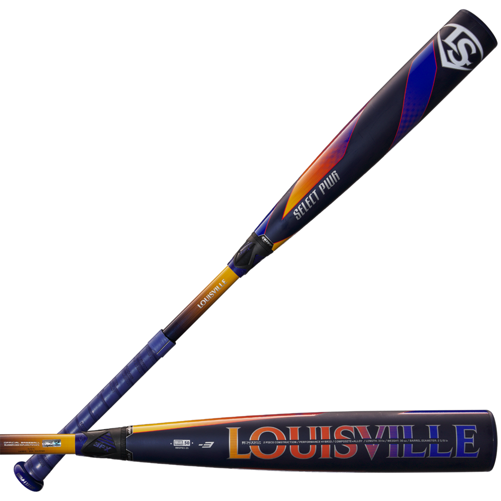 Two views of the 2025 Louisville Slugger Select PWR (-3) BBCOR Bat: one shows the Select PWR logo, while the other features a vibrant barrel with bold "LOUISVILLE" lettering and highlights its EXD Premium Alloy Barrel for top performance.