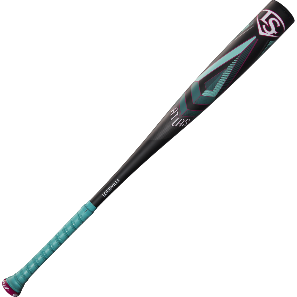 The 2025 Louisville Slugger Atlas (-3) BBCOR Baseball Bat (WBL2968010, DEMO) features a black and teal one-piece alloy design with geometric graphics, logo near the barrel, and a teal grip-wrapped handle.
