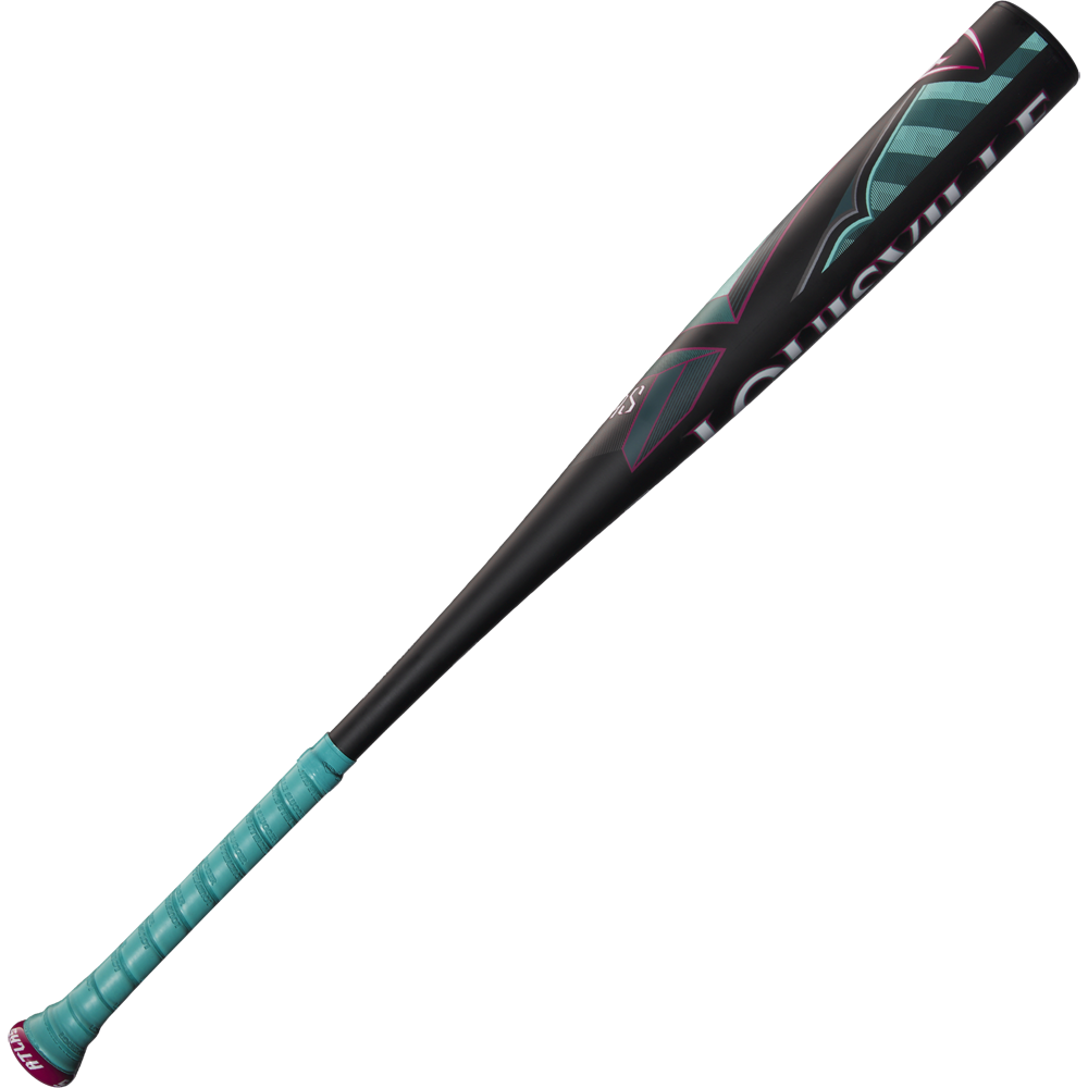 The 2025 Louisville Slugger Atlas (-3) BBCOR Baseball Bat (WBL2968010 DEMO) features a black design with teal and pink accents, a teal grip, and a stylized barrel. This one-piece alloy bat offers standout style and high performance.