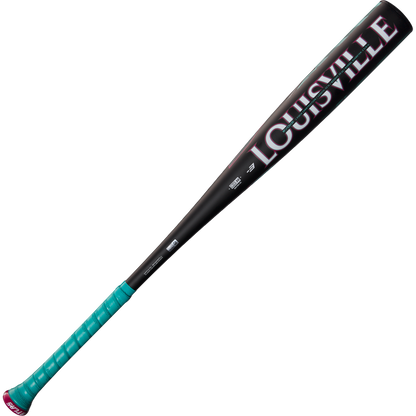 The 2025 Louisville Slugger Atlas (-3) BBCOR Baseball Bat (WBL2968010) features a black design, teal grip, pink Louisville branding on the barrel, and an EVOKE Alloy Barrel, shown on a white background.