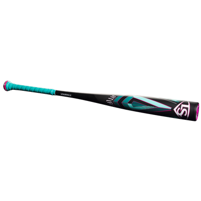 The 2025 Louisville Slugger Atlas (-3) BBCOR Baseball Bat (WBL2968010 DEMO) features a black, one-piece alloy design with turquoise and pink accents, a turquoise grip, and a geometric barrel pattern, shown on a white background.
