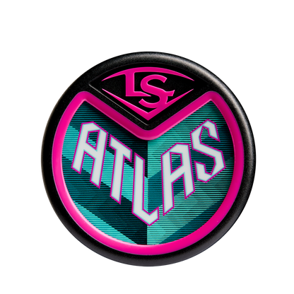 Round logo with pink "LS" on top and bold, teal "ATLAS" below, all outlined in pink and black. The design echoes the dynamic teal stripes of the 2025 Louisville Slugger Atlas (-3) BBCOR Baseball Bat: WBL2968010 (DEMO).