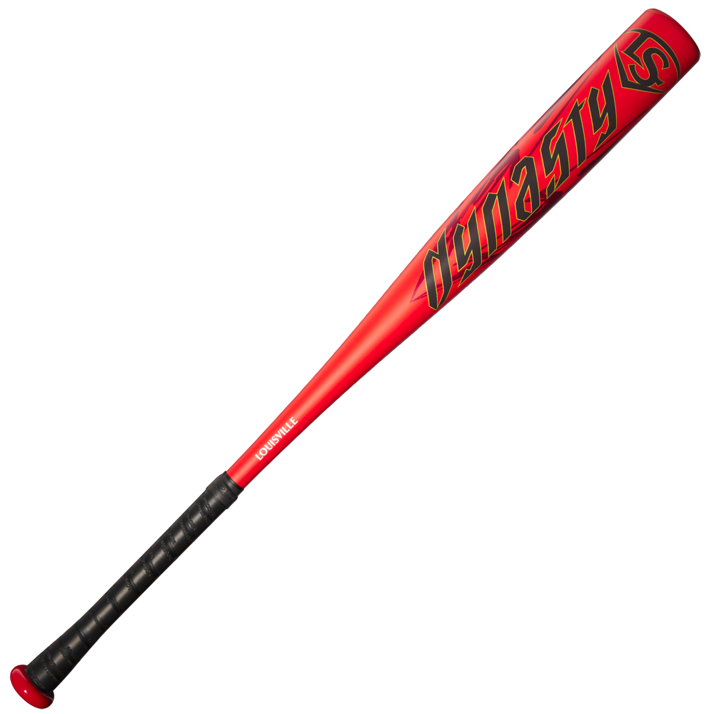 A 2025 Louisville Slugger Dynasty (-3) BBCOR Baseball Bat (WBL2969010) with a red barrel, black grip tape, and "DYNASTY" printed in bold black and yellow lettering.