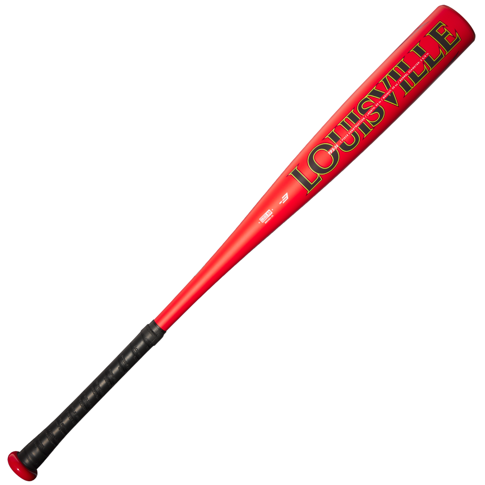 The 2025 Louisville Slugger Dynasty (-3) BBCOR Baseball Bat (WBL2969010) is red with black grip tape on the handle, displayed on a plain white background.