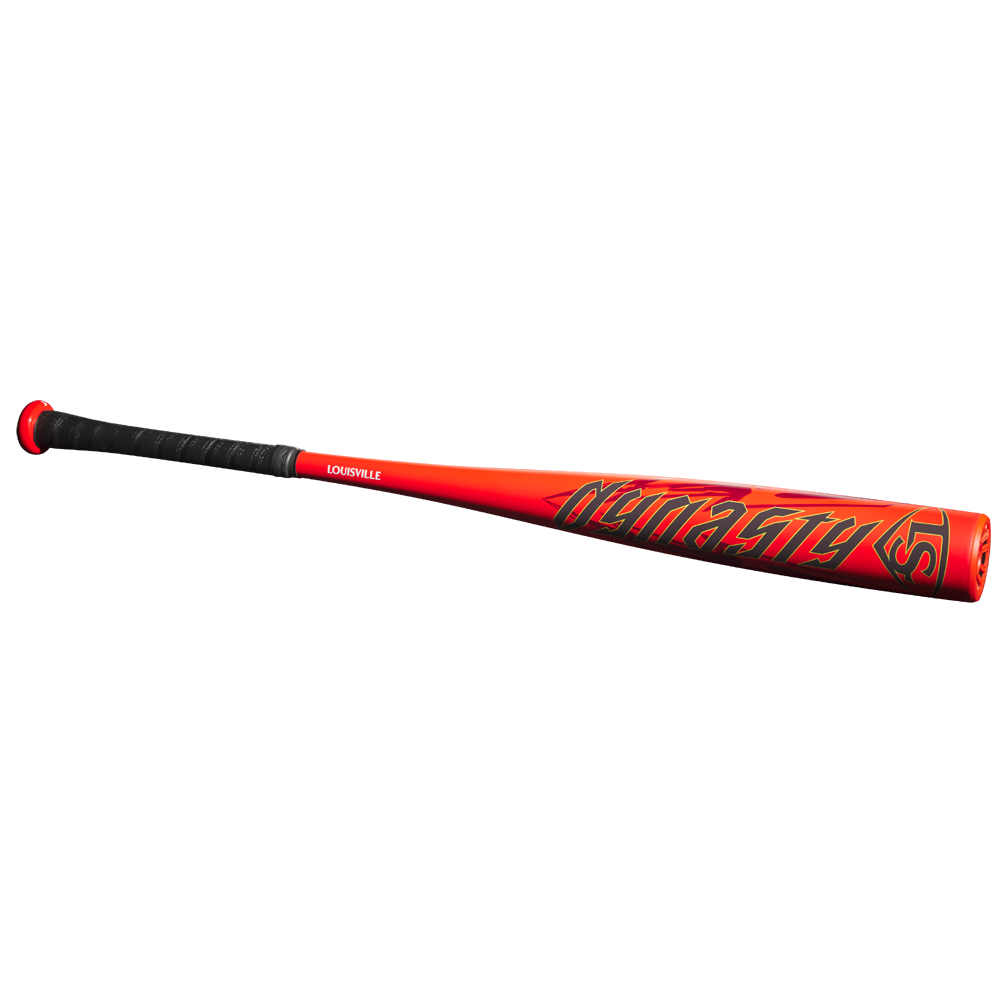 The 2025 Louisville Slugger Dynasty (-3) BBCOR Baseball Bat (WBL2969010) features a red design with black grip tape and META FASTPITCH graphics, crafted with durable TPX-24 Alloy for top performance.