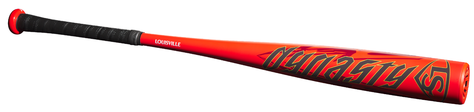 A red and black baseball bat with a black grip and the word DYNASTY in stylized yellow letters on the barrel. The brand Louisville is also visible near the handle.