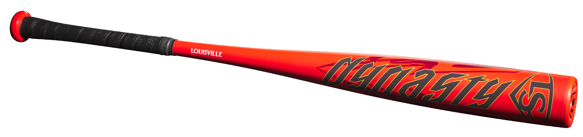 A red and black baseball bat with a black grip and the word DYNASTY in stylized yellow letters on the barrel. The brand Louisville is also visible near the handle.