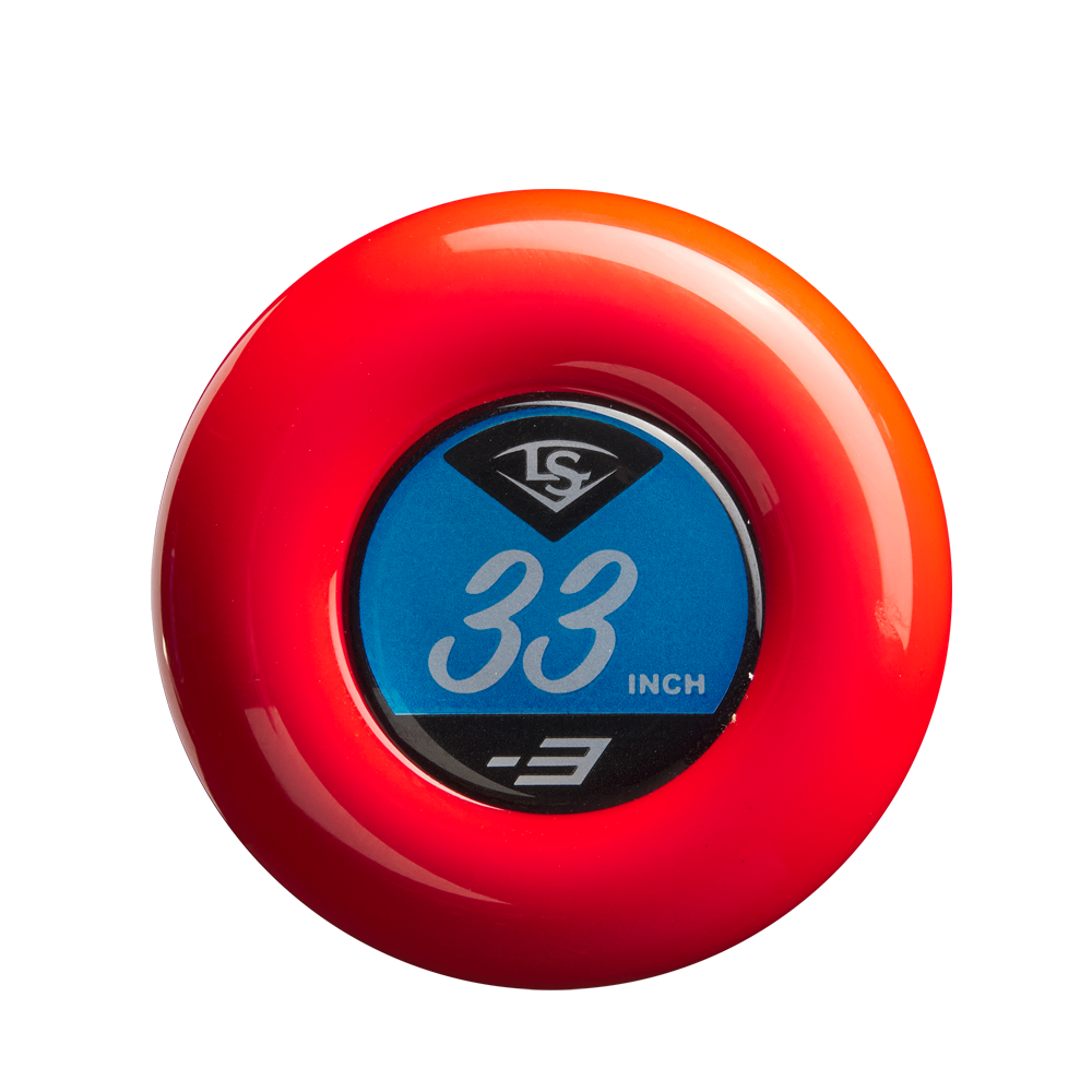 A round, red knob sticker with a blue center showing "33 INCH" and "-3" in white, plus a black and white Louisville Slugger logo, made to fit the 2025 Louisville Slugger Dynasty (-3) BBCOR Baseball Bat: WBL2969010. Shown on a white background.